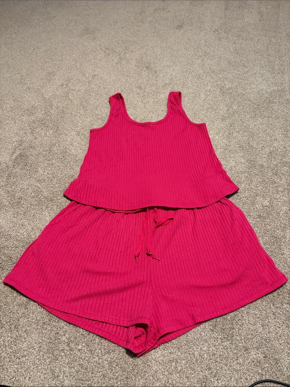 Womens Hot Pink Ribbed Tank & Shorts Set
